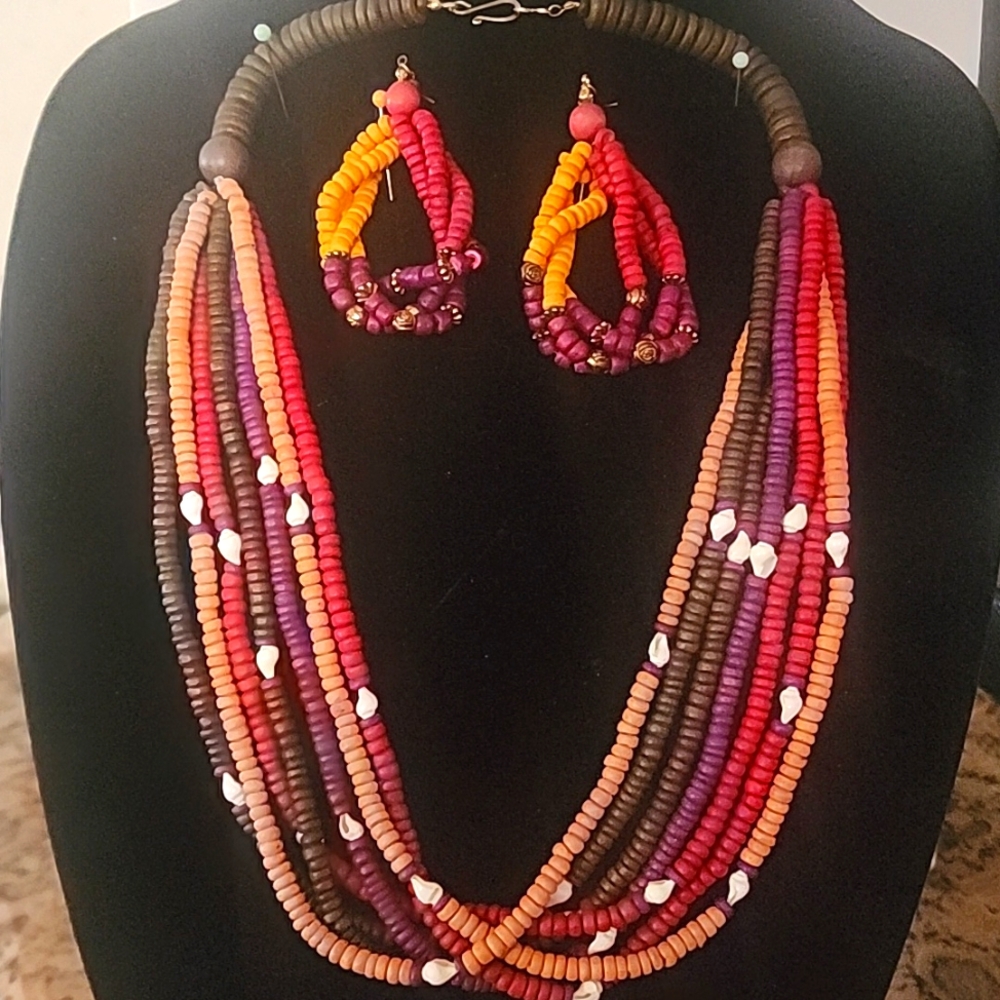 Stylish Multi Colored Wooden Beaded Necklace And Earings With Sea Shells